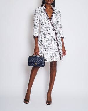 *RUNWAY* Chanel 20S White, Blue & Red Tweed Long Sleeve Midi Dress with Black Embellished Buttons and Logo Details FR 36 (UK 8)