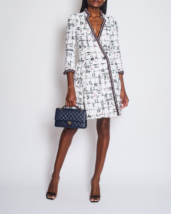*RUNWAY* Chanel 20S White, Blue & Red Tweed Long Sleeve Midi Dress with Black Embellished Buttons and Logo Details FR 36 (UK 8)