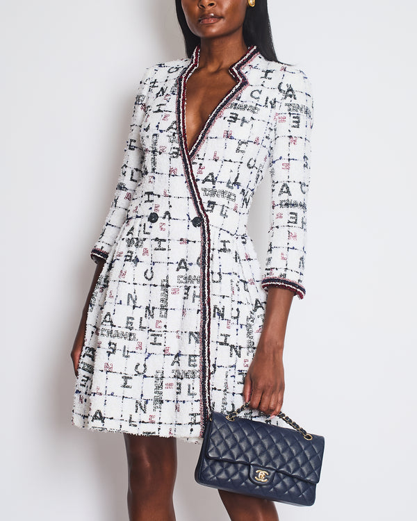*RUNWAY* Chanel 20S White, Blue & Red Tweed Long Sleeve Midi Dress with Black Embellished Buttons and Logo Details FR 36 (UK 8)