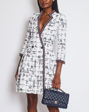 *RUNWAY* Chanel 20S White, Blue & Red Tweed Long Sleeve Midi Dress with Black Embellished Buttons and Logo Details FR 36 (UK 8)