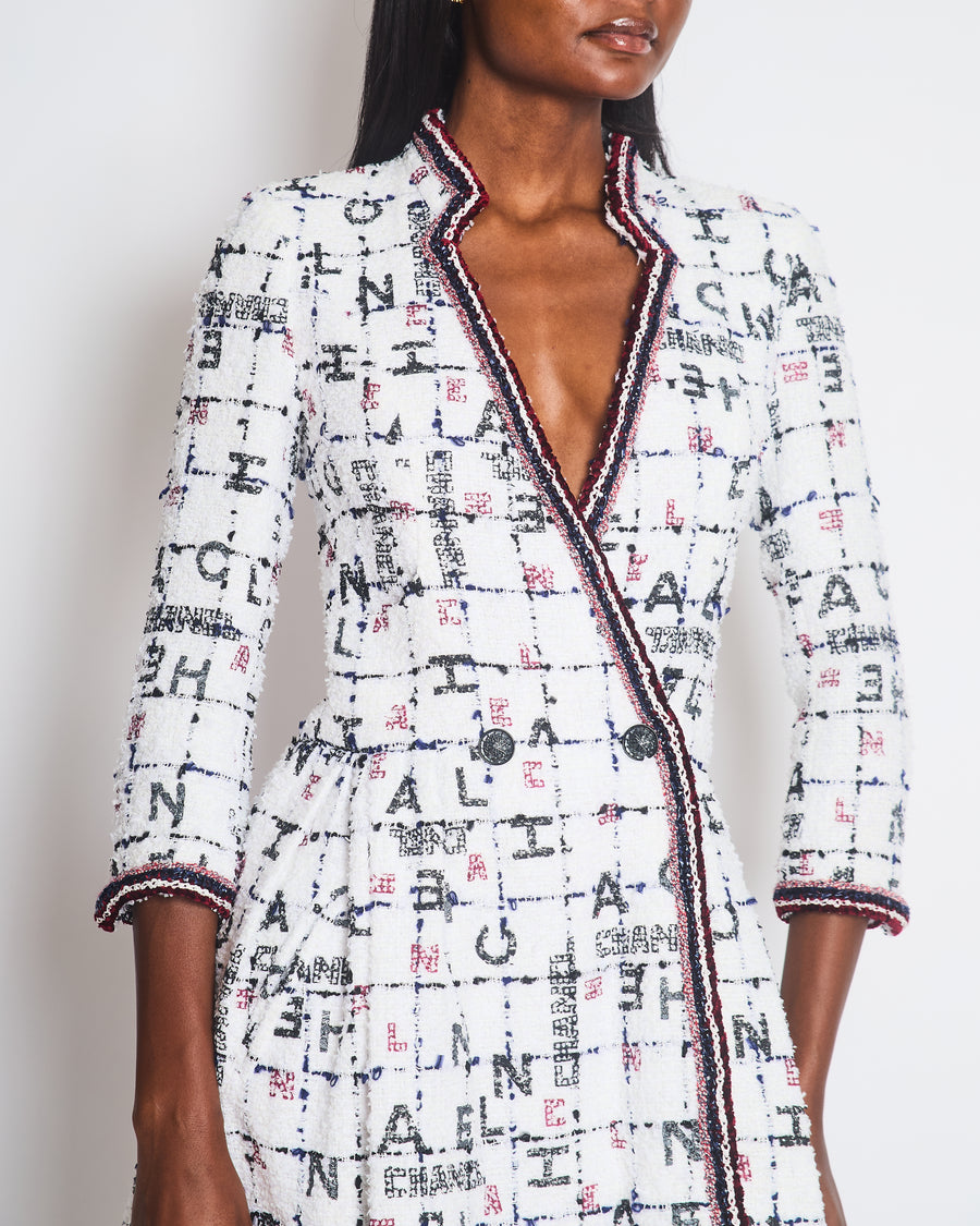 *RUNWAY* Chanel 20S White, Blue & Red Tweed Long Sleeve Midi Dress with Black Embellished Buttons and Logo Details FR 36 (UK 8)