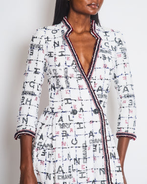*RUNWAY* Chanel 20S White, Blue & Red Tweed Long Sleeve Midi Dress with Black Embellished Buttons and Logo Details FR 36 (UK 8)