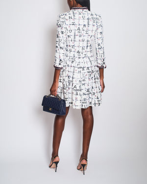 *RUNWAY* Chanel 20S White, Blue & Red Tweed Long Sleeve Midi Dress with Black Embellished Buttons and Logo Details FR 36 (UK 8)