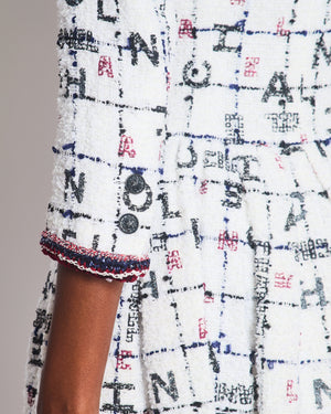 *RUNWAY* Chanel 20S White, Blue & Red Tweed Long Sleeve Midi Dress with Black Embellished Buttons and Logo Details FR 36 (UK 8)