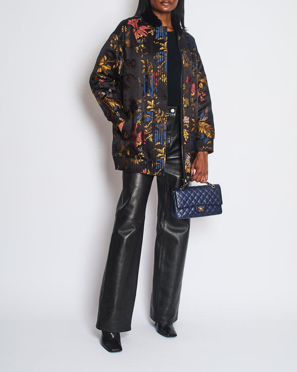 Alena Akhmadullina Black Silk, Fur Lined Floral Over-Sized Jacket with Fur Collar Detail Size UK 8 / 10