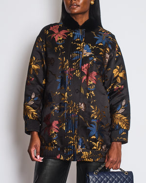 Alena Akhmadullina Black Silk, Fur Lined Floral Over-Sized Jacket with Fur Collar Detail Size UK 8 / 10