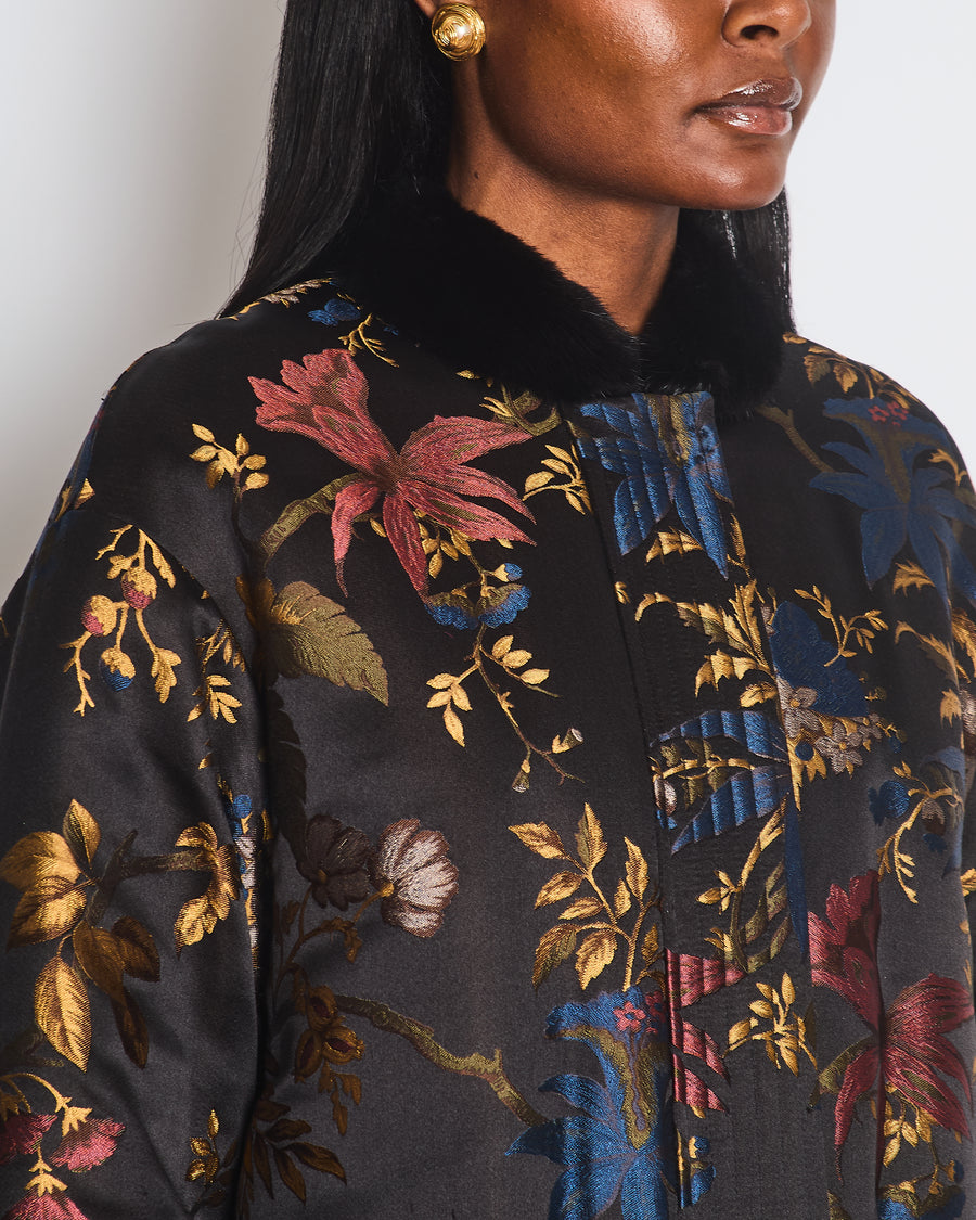 Alena Akhmadullina Black Silk, Fur Lined Floral Over-Sized Jacket with Fur Collar Detail Size UK 8 / 10