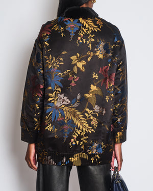 Alena Akhmadullina Black Silk, Fur Lined Floral Over-Sized Jacket with Fur Collar Detail Size UK 8 / 10