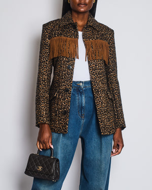 Saint Laurent Brown Wool Leopard Print Over Jacket with Suede Tassel Detail and Belt Size FR 38 (UK 10) RRP £1,950