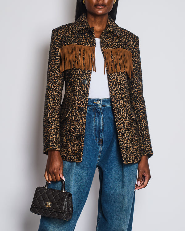 Saint Laurent Brown Wool Leopard Print Over Jacket with Suede Tassel Detail and Belt Size FR 38 (UK 10) RRP £1,950