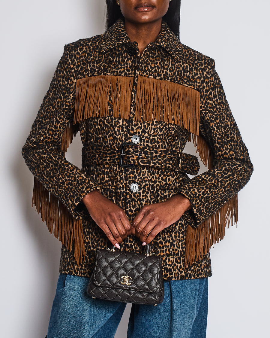 Saint Laurent Brown Wool Leopard Print Over Jacket with Suede Tassel Detail and Belt Size FR 38 (UK 10) RRP £1,950
