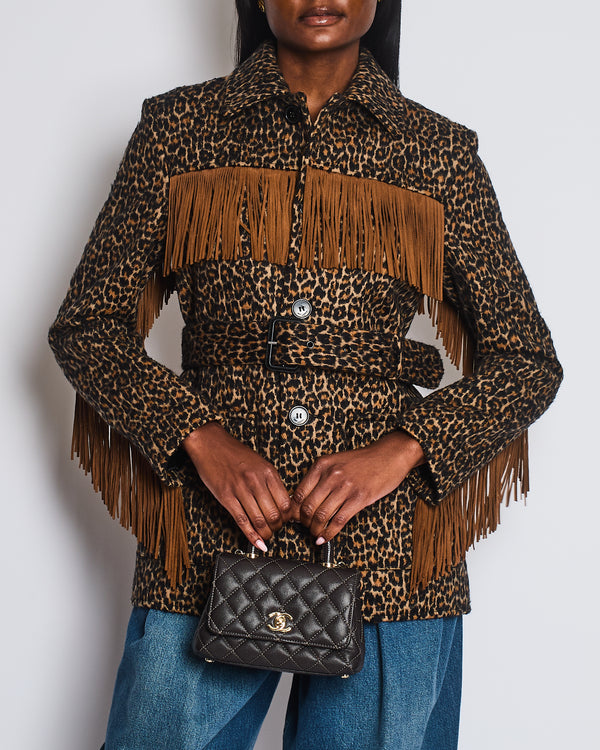 Saint Laurent Brown Wool Leopard Print Over Jacket with Suede Tassel Detail and Belt Size FR 38 (UK 10) RRP £1,950