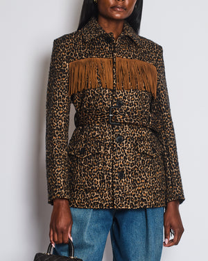 Saint Laurent Brown Wool Leopard Print Over Jacket with Suede Tassel Detail and Belt Size FR 38 (UK 10) RRP £1,950