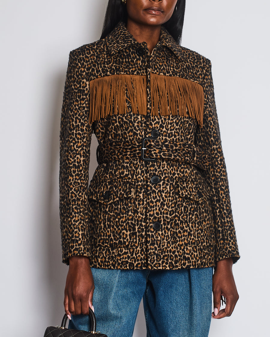 Saint Laurent Brown Wool Leopard Print Over Jacket with Suede Tassel Detail and Belt Size FR 38 (UK 10) RRP £1,950
