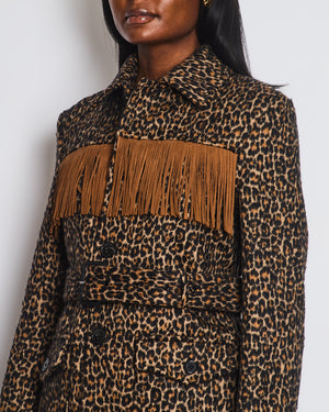 Saint Laurent Brown Wool Leopard Print Over Jacket with Suede Tassel Detail and Belt Size FR 38 (UK 10) RRP £1,950