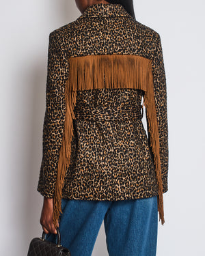 Saint Laurent Brown Wool Leopard Print Over Jacket with Suede Tassel Detail and Belt Size FR 38 (UK 10) RRP £1,950