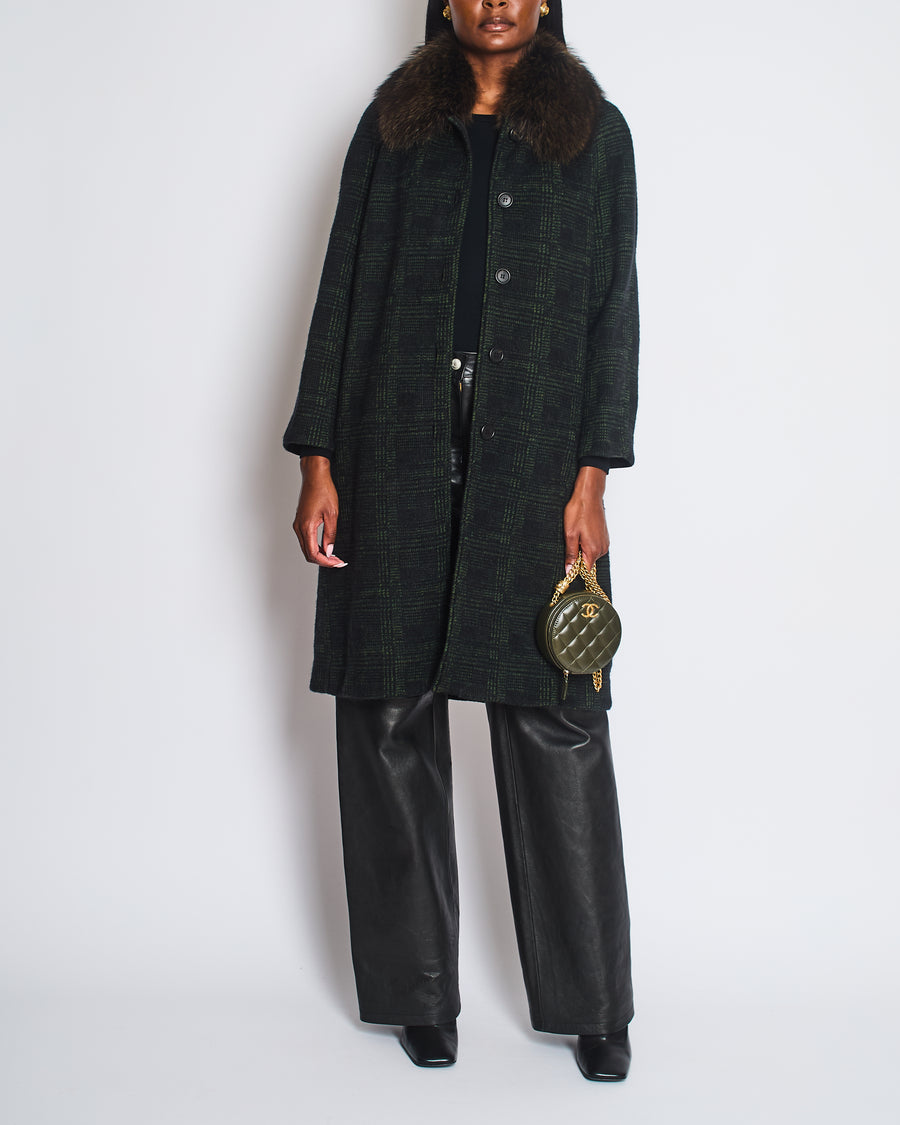 Prada Green, Check Long-Sleeve Coat with Brown Fur Collar Size IT 40 (UK 8)