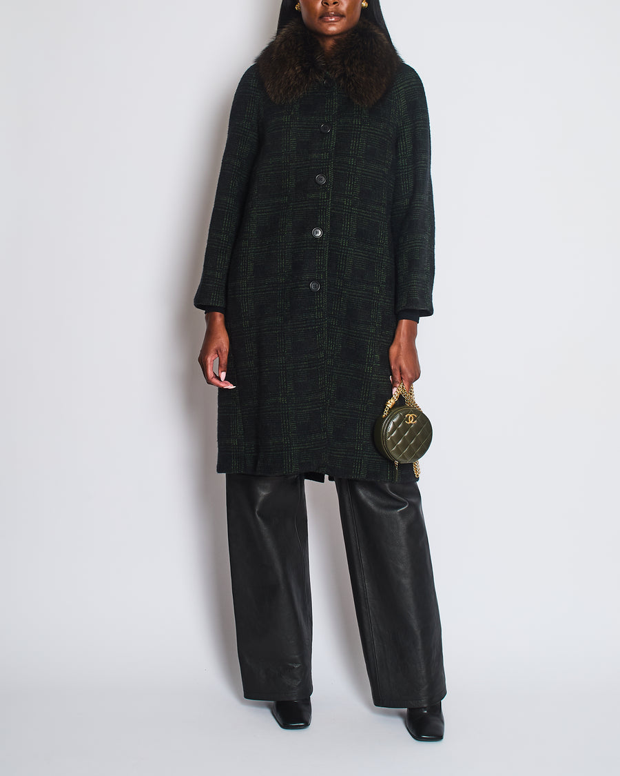 Prada Green, Check Long-Sleeve Coat with Brown Fur Collar Size IT 40 (UK 8)