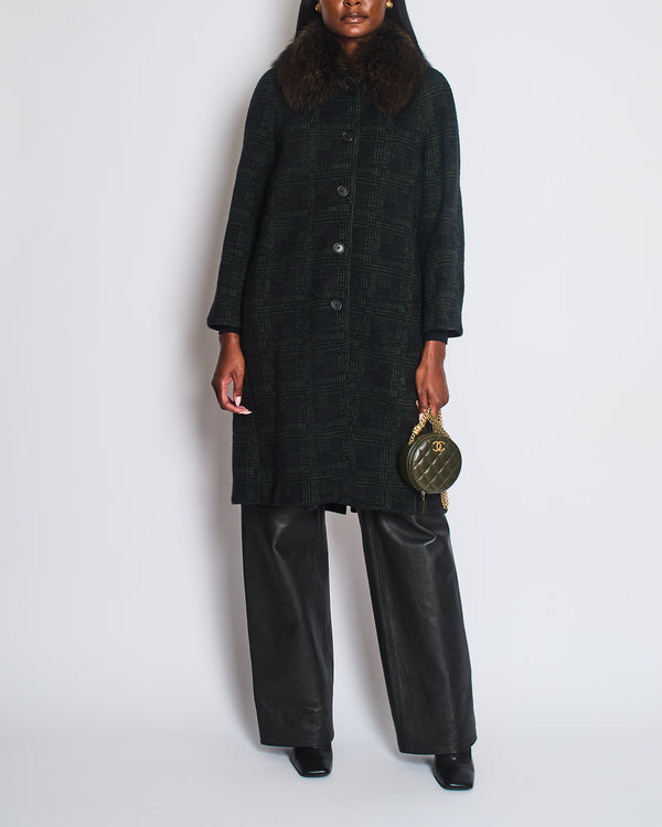 Prada Green, Check Long-Sleeve Coat with Brown Fur Collar Size IT 40 (UK 8)