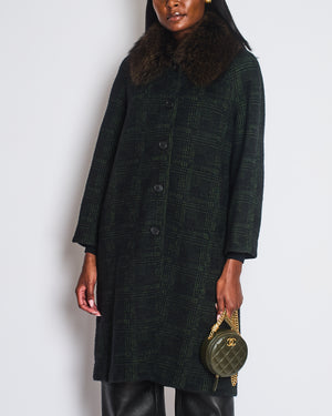 Prada Green, Check Long-Sleeve Coat with Brown Fur Collar Size IT 40 (UK 8)