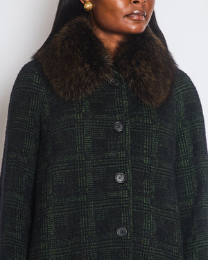 Prada Green, Check Long-Sleeve Coat with Brown Fur Collar Size IT 40 (UK 8)