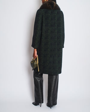 Prada Green, Check Long-Sleeve Coat with Brown Fur Collar Size IT 40 (UK 8)