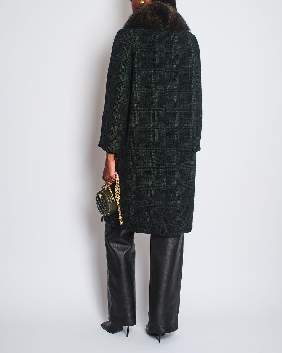Prada Green, Check Long-Sleeve Coat with Brown Fur Collar Size IT 40 (UK 8)