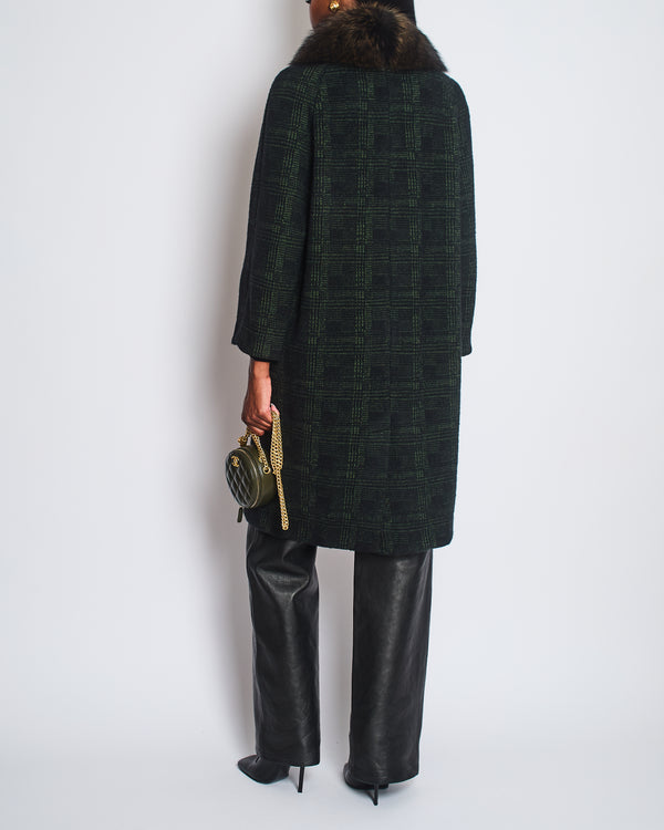 Prada Green, Check Long-Sleeve Coat with Brown Fur Collar Size IT 40 (UK 8)