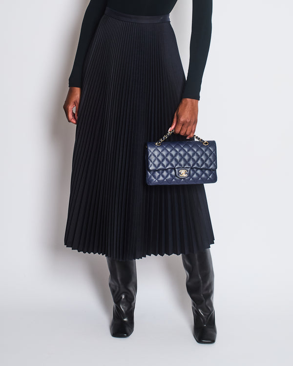 Christian Dior Navy Pleated Wool Midi Skirt Size FR 36 (UK 8)