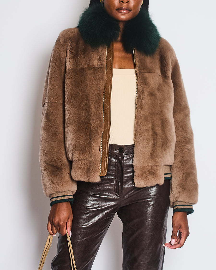 Yves Salomon Light Brown Fur Jacket with Emerald Green Collar and Pink Yellow Floral Print Back Size FR 38 (UK 10)