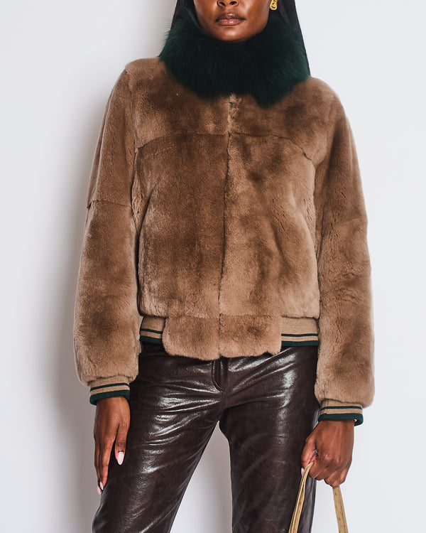 Yves Salomon Light Brown Fur Jacket with Emerald Green Collar and Pink Yellow Floral Print Back Size FR 38 (UK 10)