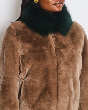 Yves Salomon Light Brown Fur Jacket with Emerald Green Collar and Pink Yellow Floral Print Back Size FR 38 (UK 10)