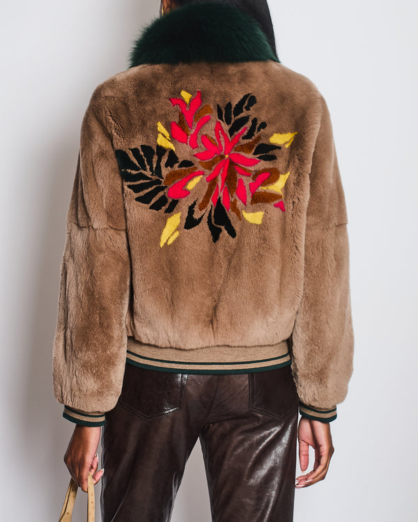 Yves Salomon Light Brown Fur Jacket with Emerald Green Collar and Pink Yellow Floral Print Back Size FR 38 (UK 10)