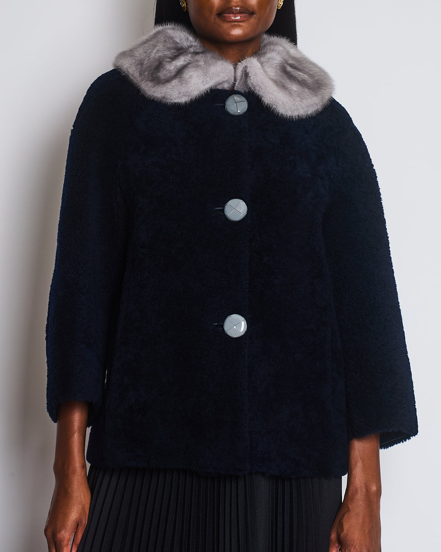 Prada Navy Blue Shearling Jacket with Grey Mink Collar & Grey Buttons Details IT 38 (UK 6)