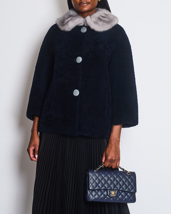 Prada Navy Blue Shearling Jacket with Grey Mink Collar & Grey Buttons Details IT 38 (UK 6)