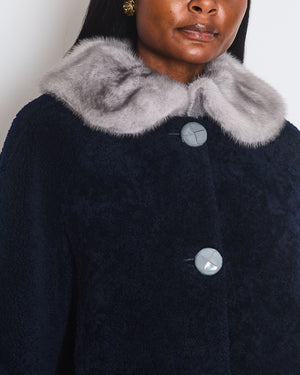 Prada Navy Blue Shearling Jacket with Grey Mink Collar & Grey Buttons Details IT 38 (UK 6)