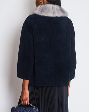 Prada Navy Blue Shearling Jacket with Grey Mink Collar & Grey Buttons Details IT 38 (UK 6)