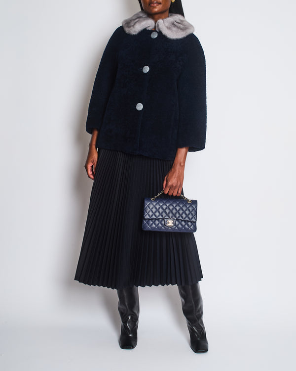 Prada Navy Blue Shearling Jacket with Grey Mink Collar & Grey Buttons Details IT 38 (UK 6)