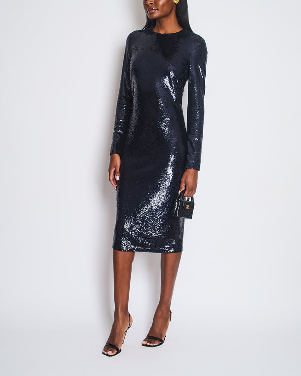 Tom Ford Dark Navy Sequin Round Neck Long Sleeve Midi Dress Size IT 42 (UK 10)