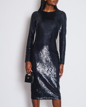 Tom Ford Dark Navy Sequin Round Neck Long Sleeve Midi Dress Size IT 42 (UK 10)