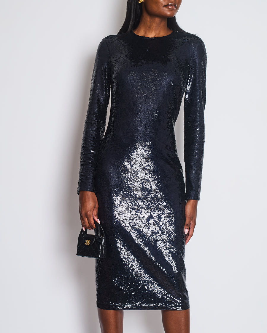 Tom Ford Dark Navy Sequin Round Neck Long Sleeve Midi Dress Size IT 42 (UK 10)