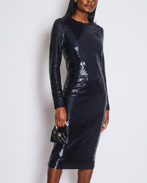 Tom Ford Dark Navy Sequin Round Neck Long Sleeve Midi Dress Size IT 42 (UK 10)