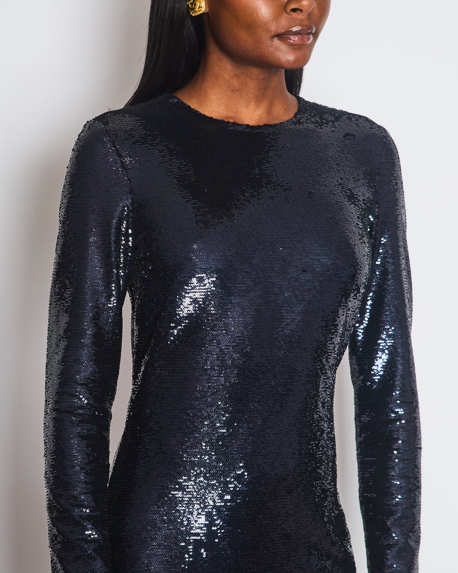 Tom Ford Dark Navy Sequin Round Neck Long Sleeve Midi Dress Size IT 42 (UK 10)