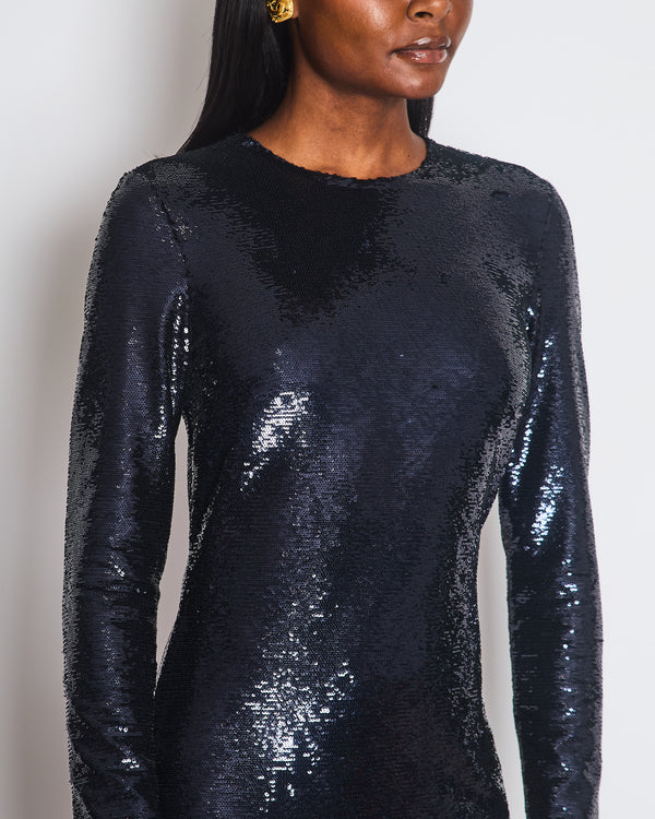 Tom Ford Dark Navy Sequin Round Neck Long Sleeve Midi Dress Size IT 42 (UK 10)