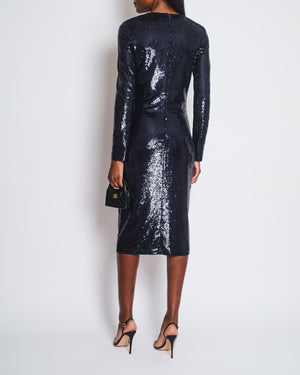 Tom Ford Dark Navy Sequin Round Neck Long Sleeve Midi Dress Size IT 42 (UK 10)