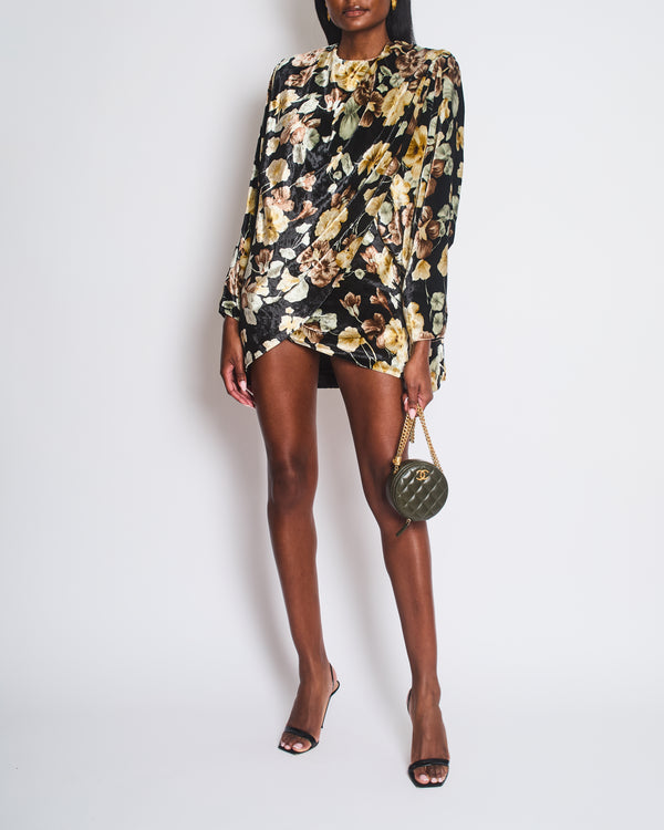Saint Laurent Black Velvet Cream, Brown Floral Print Mini Dress Wrap Detail Size FR 34 UK 6