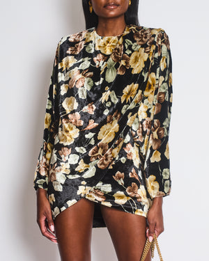 Saint Laurent Black Velvet Cream, Brown Floral Print Mini Dress Wrap Detail Size FR 34 UK 6