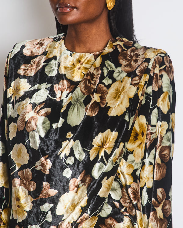 Saint Laurent Black Velvet Cream, Brown Floral Print Mini Dress Wrap Detail Size FR 34 UK 6