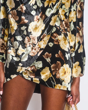 Saint Laurent Black Velvet Cream, Brown Floral Print Mini Dress Wrap Detail Size FR 34 UK 6