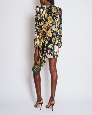 Saint Laurent Black Velvet Cream, Brown Floral Print Mini Dress Wrap Detail Size FR 34 UK 6
